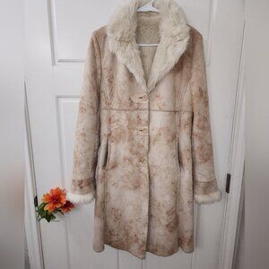 Women's Egyptian-Made Micro Suede Faux Sherling Knee Length Coat in Tan/Cr- SZ S
